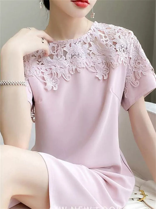 Rosa Kleid aus Acetat-Seidenspitze für Damen – Elegantes Midikleid mit kurzen Ärmeln