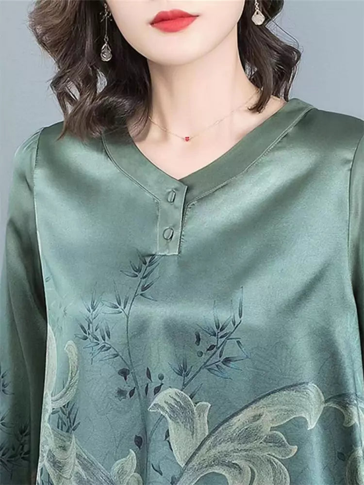 Plus Size Loose Fit Printed Mulberry Silk Blouse for Women