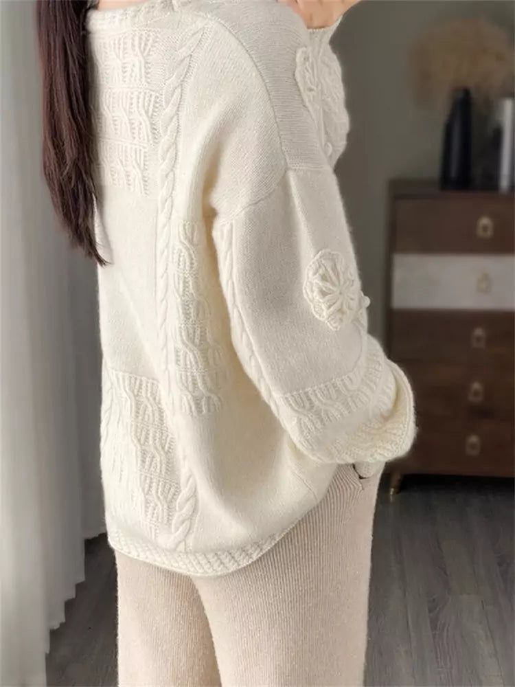 Vintage Round Neck Pullover Wool Sweater for Women with 3D Floral Embroidery