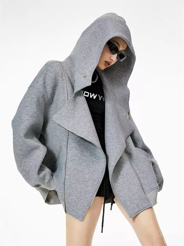 Sudadera con capucha asimétrica con cremallera gris claro vintage para mujer