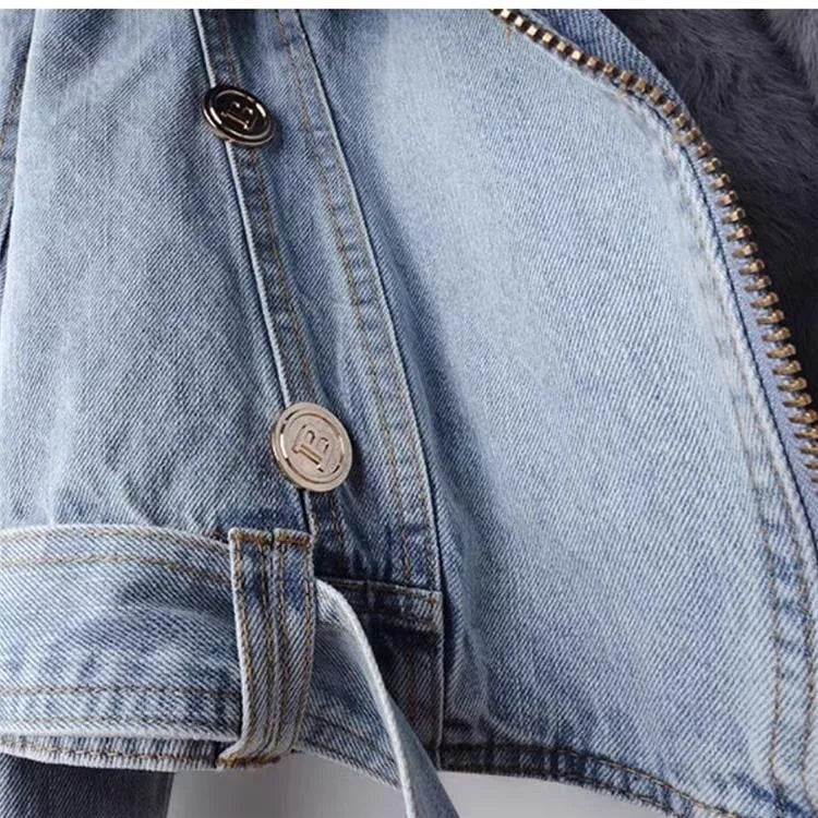 Detachable Faux Fox Fur Lined Denim Jacket for Women