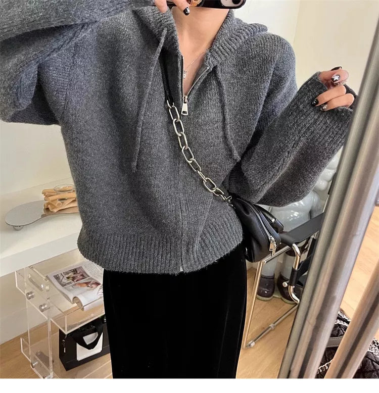 Beigefarbene Strickjacke mit Kapuze und Reißverschluss für Damen