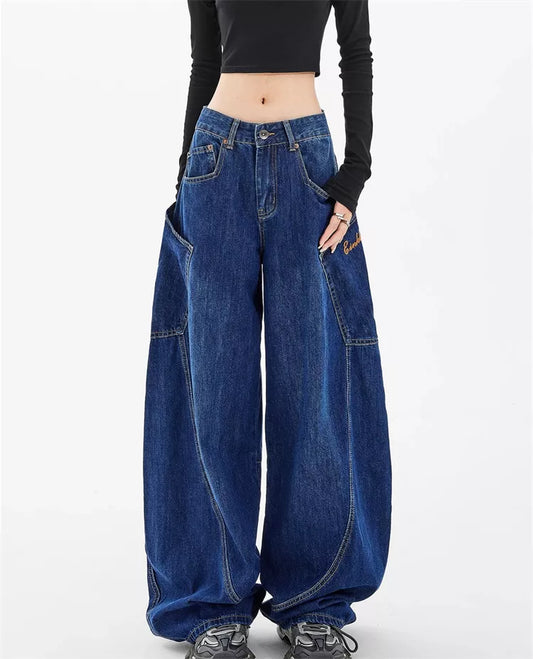 American Style Curved Pocket Denim Cargo Pants for Women