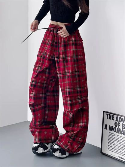 Pantalones anchos a cuadros con cintura alta y elegantes tallas grandes para mujer