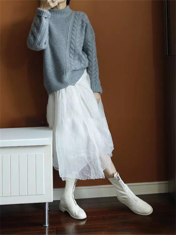 Dicker Damen-Zopfstrickpullover mit Stehkragen – Grobstrickpullover für den Winter