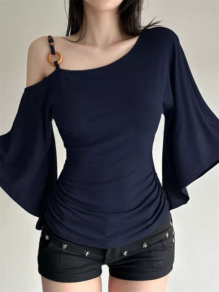 Women's Brown Asymmetric One-Shoulder Ruched Top with Ring Detail and Bell Sleeves