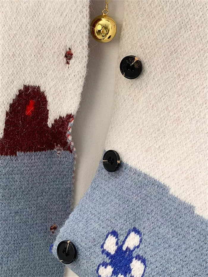 Women's Artistic Landscape Jacquard Knit Vest  Vintage Sun & Bird Pattern Button Down Waistcoat