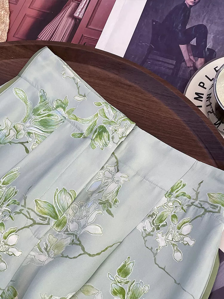 Women's New Chinese Style Green Floral Wide Leg Pants High Waist Satin Vintage Straight Trousers