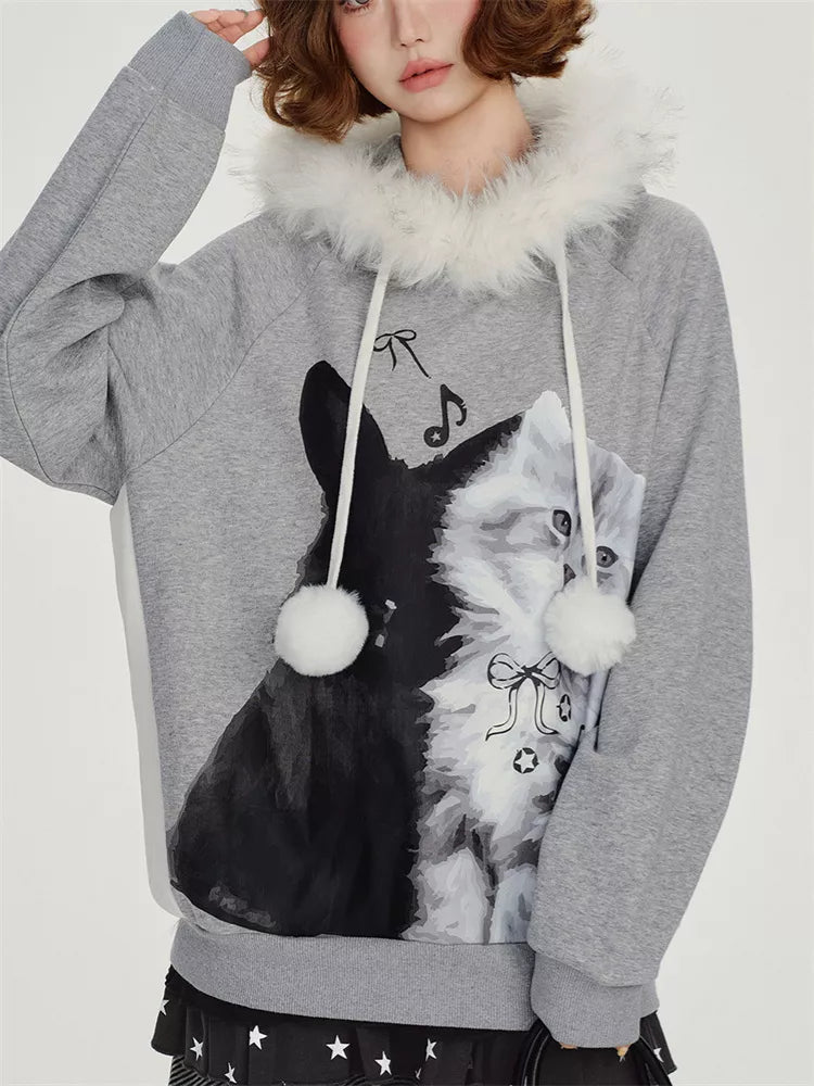 Women's Kawaii Grey Cat Hoodie Faux Fur Trim Pom-pom Drawstring Sweatshirt