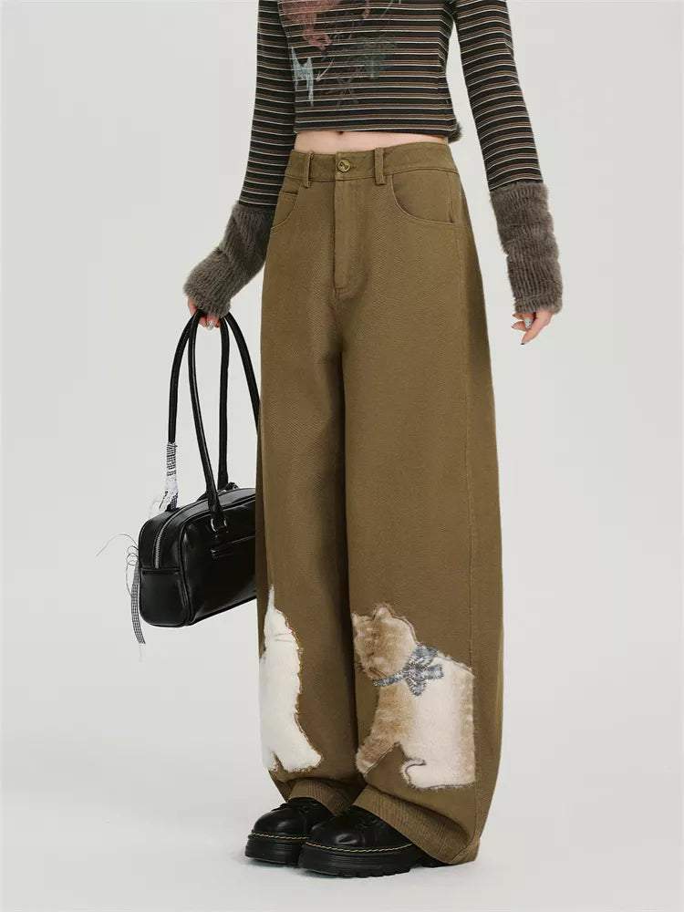 Women's Olive Green Wide Leg Pants Cute Fuzzy Cat Applique Baggy Trousers