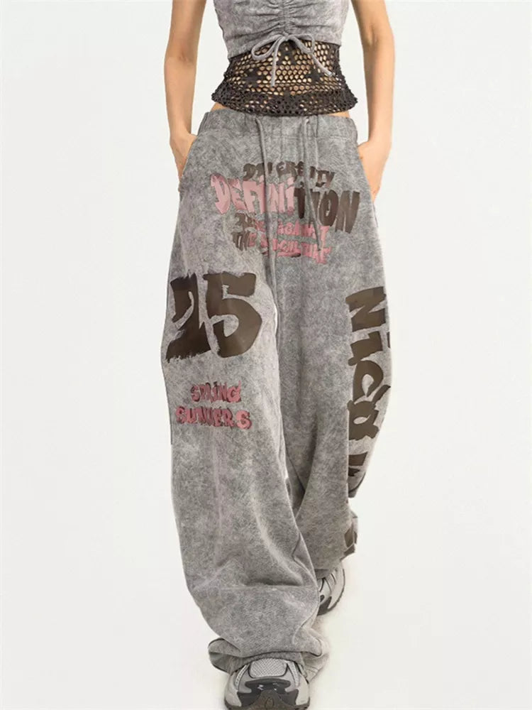 Women's Y2K Acid Wash Grey Sweatpants Graffiti Letter Print Baggy Joggers
