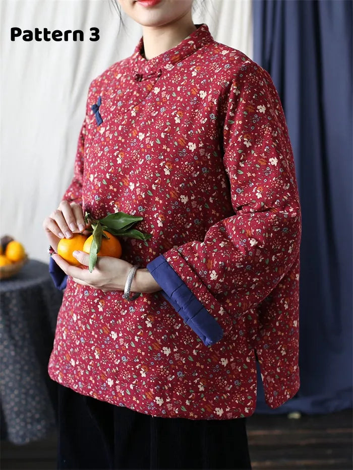 Women's Vintage Chinese Style Red Floral Padded Jacket Cotton Linen Frog Button Short Coat