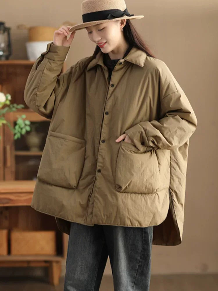 100% Cotton Padded Coat with Shirt Collar and Patch Pockets
