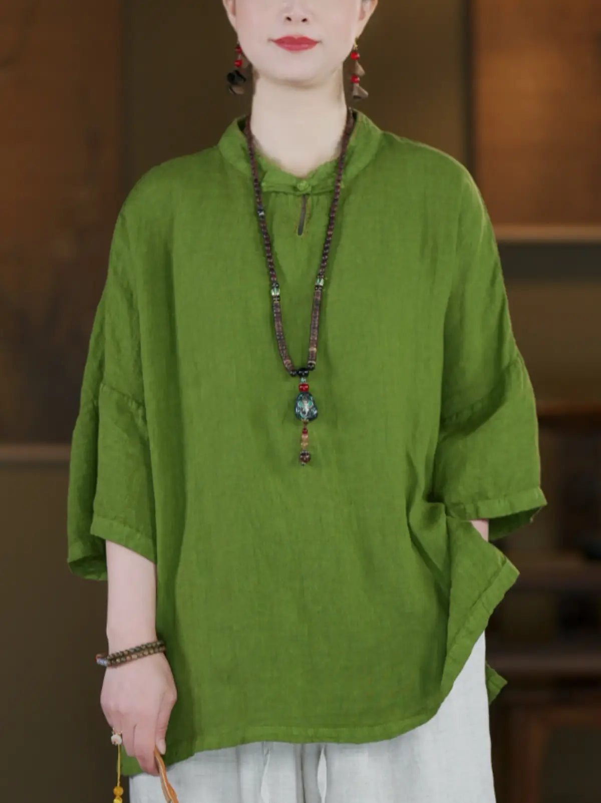 100% Linen Boxed Top with Stand Collar & Elbow Sleeves - full body view
