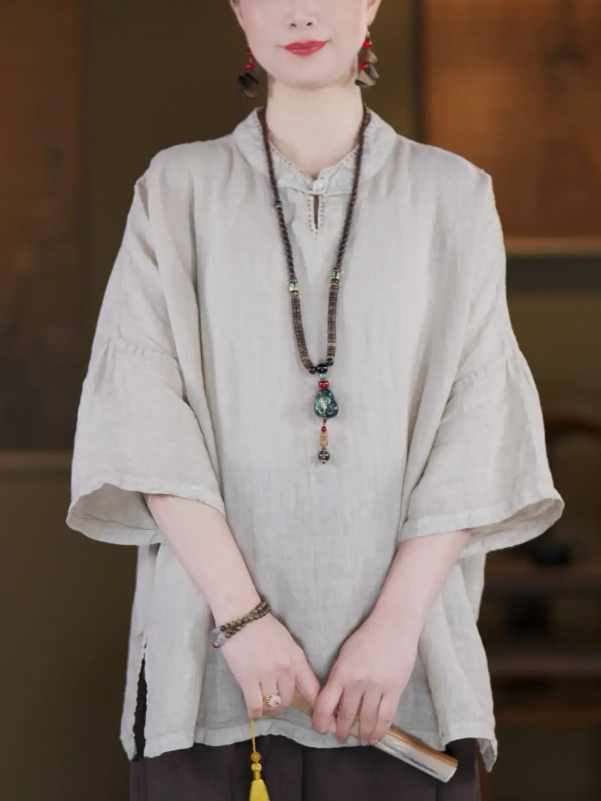 100% Linen Boxed Top with Stand Collar & Elbow Sleeves - main model view