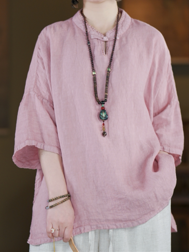 100% Linen Boxy Top with Stand Collar & Elbow Sleeves