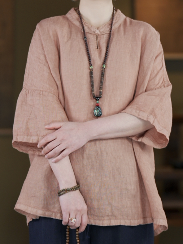 100% Linen Boxy Top with Stand Collar & Elbow Sleeves