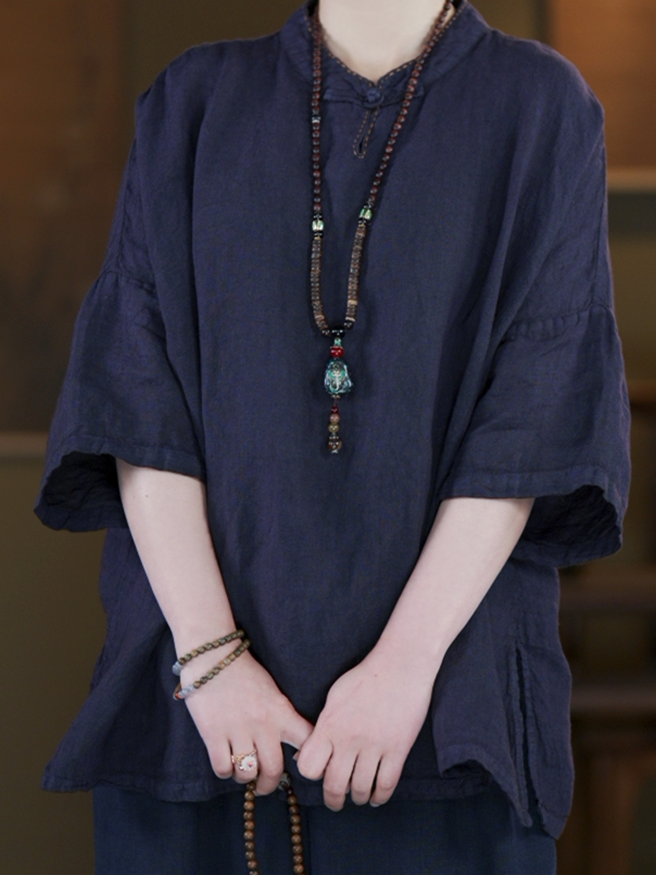 100% Linen Boxy Top with Stand Collar & Elbow Sleeves