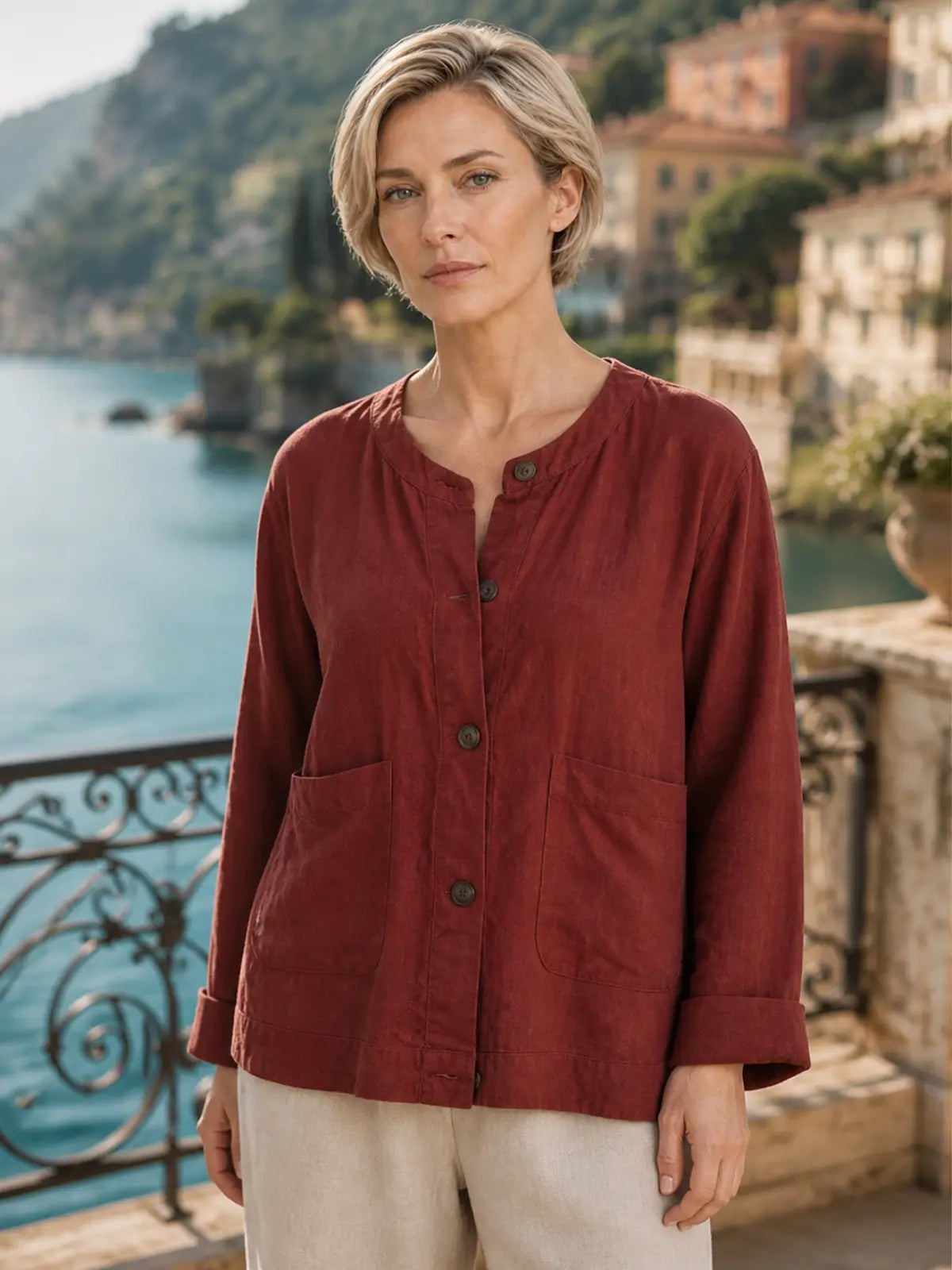 100% Linen Button-Front Top with Patch Pockets - detail view