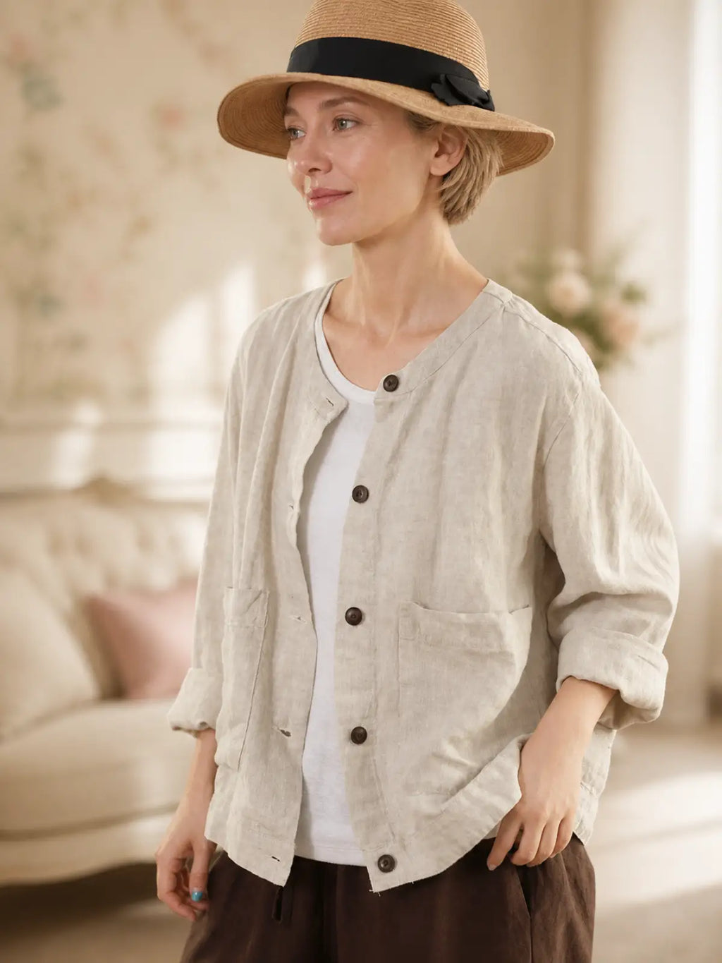 100% Linen Button-Front Top with Patch Pockets - flat lay view