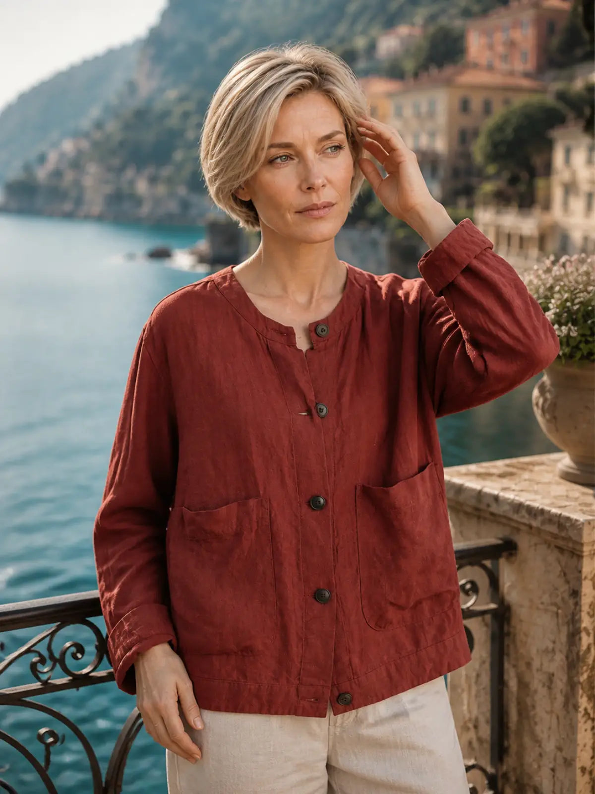 100% Linen Button-Front Top with Patch Pockets - full body view