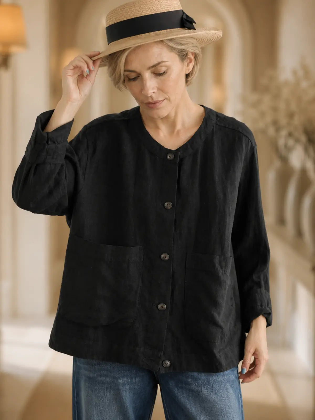 100% Linen Button-Front Top with Patch Pockets - image 6 view