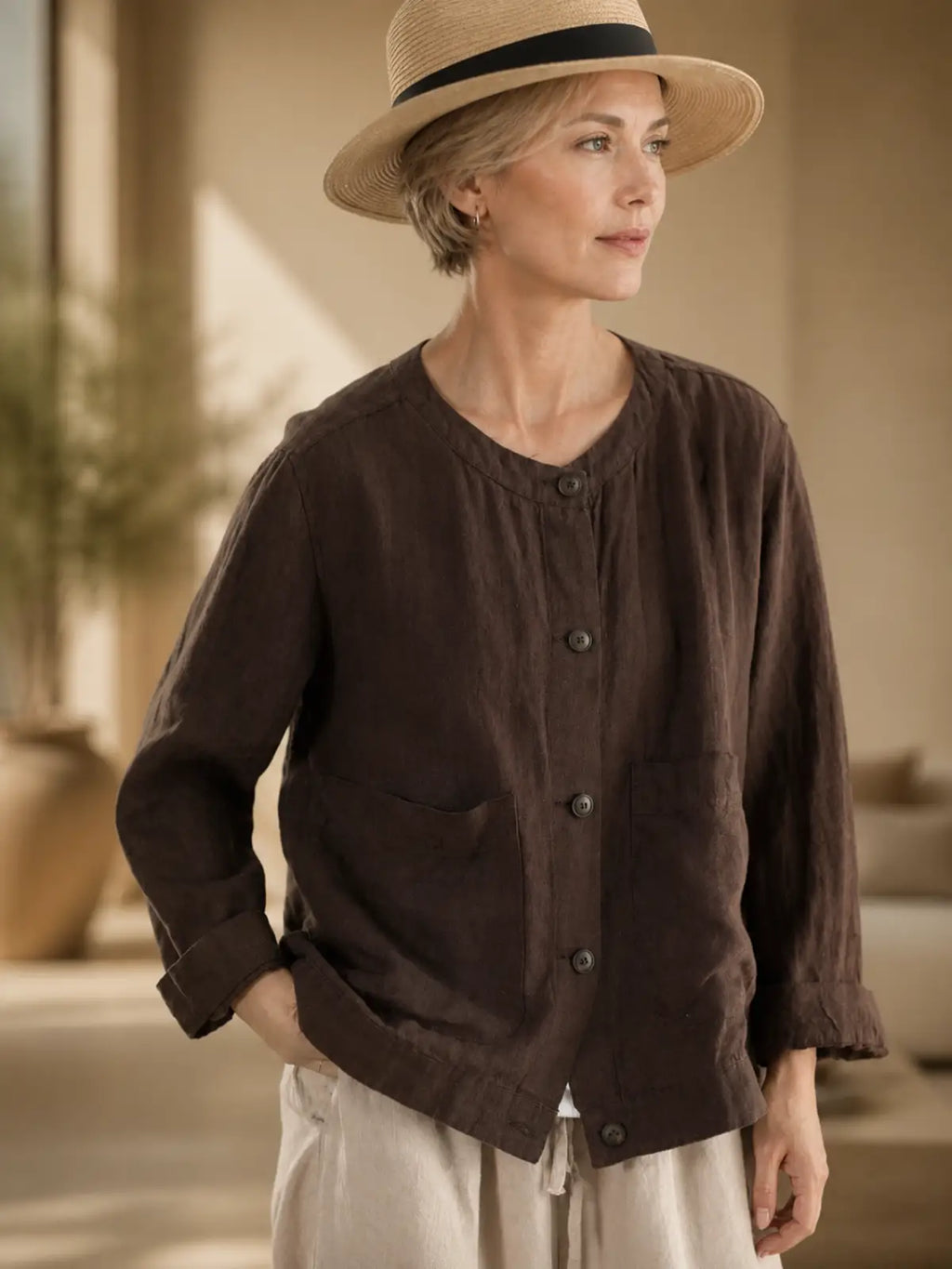 100% Linen Button-Front Top with Patch Pockets - lifestyle view