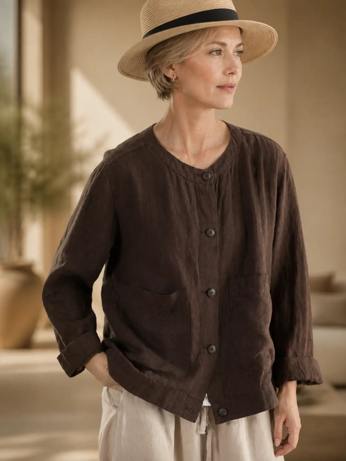 100% Linen Button-Front Top with Patch Pockets - lifestyle view