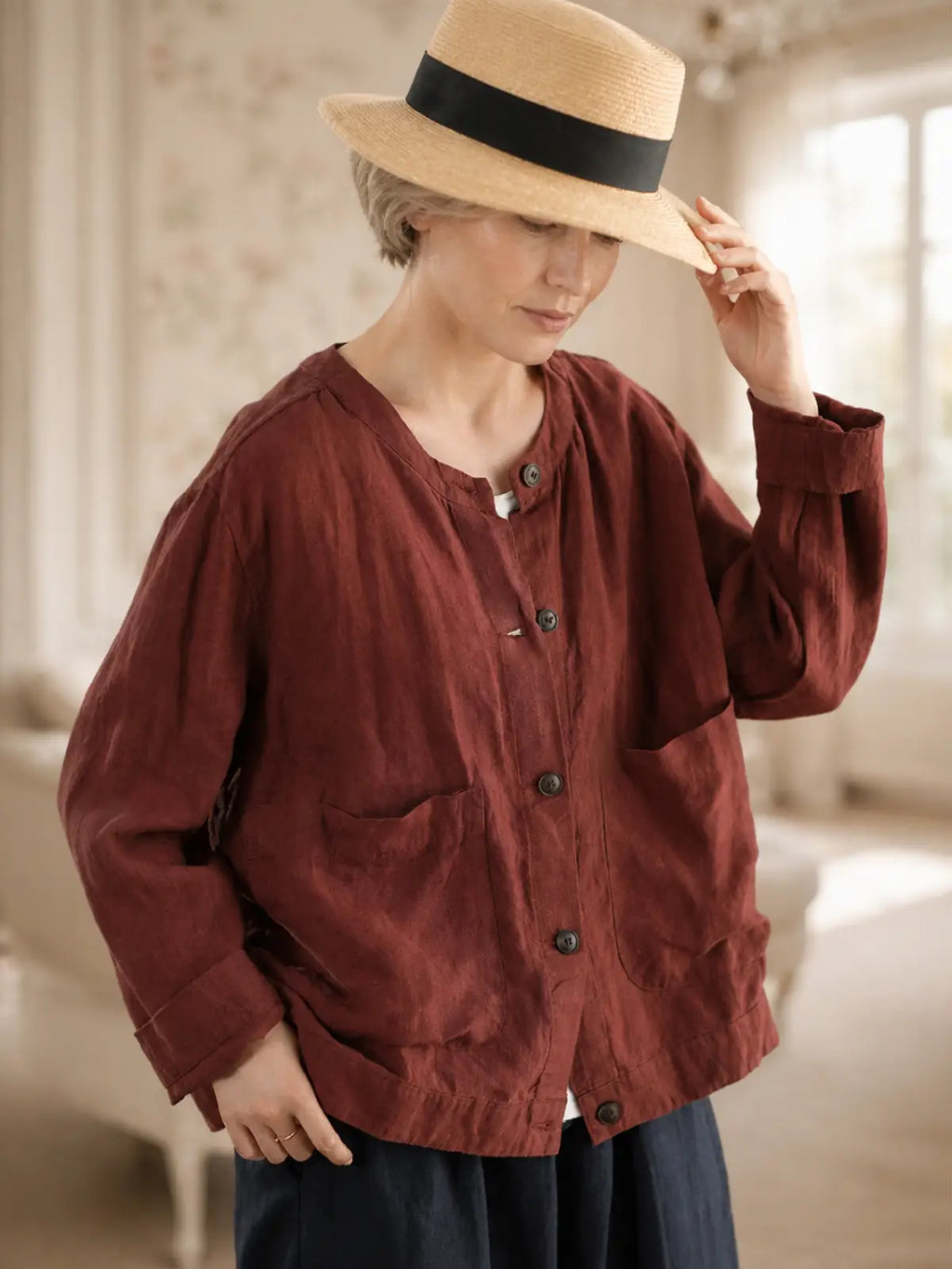 100% Linen Button-Front Top with Patch Pockets - main model view