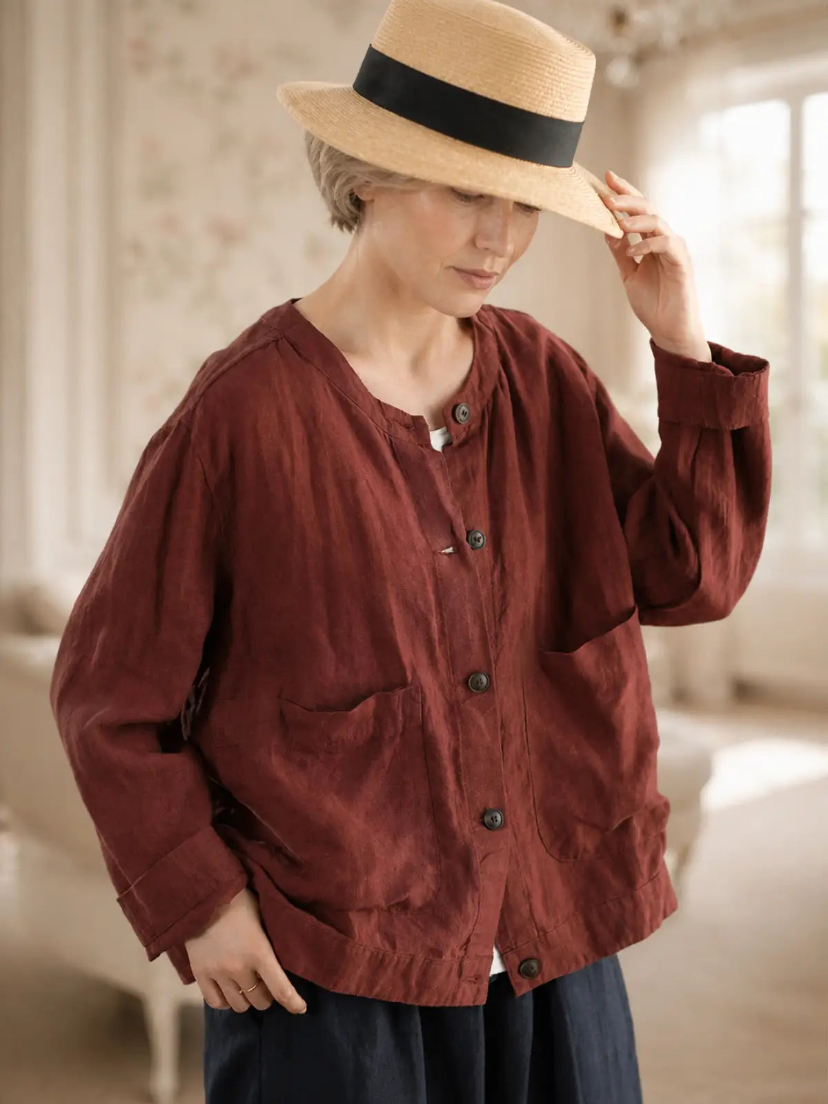 100% Linen Button-Front Top with Patch Pockets - main model view