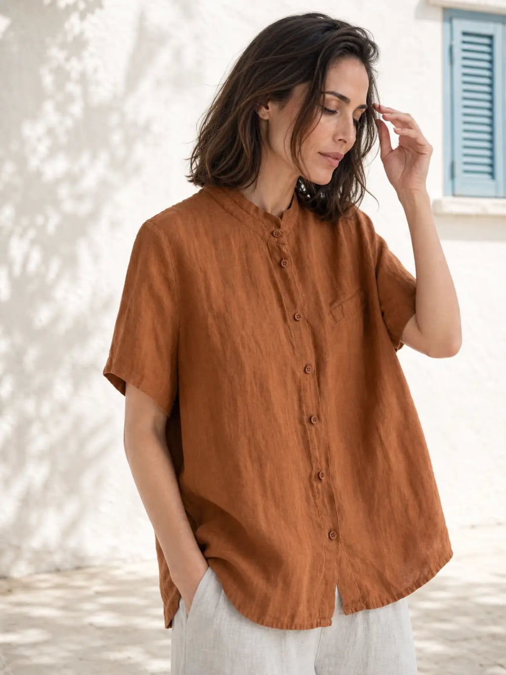 100% Linen Button-Front Top with Small Stand Collar - detail view