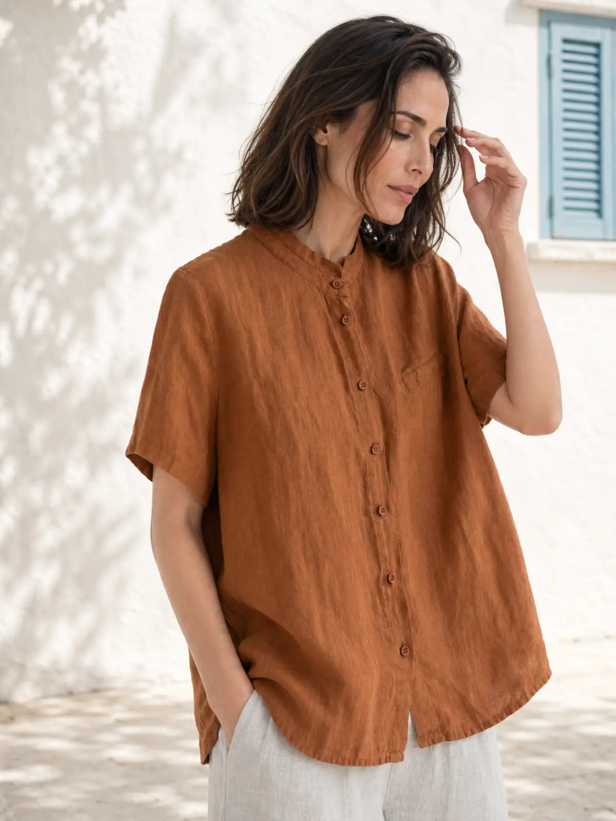 100% Linen Button-Front Top with Small Stand Collar - detail view