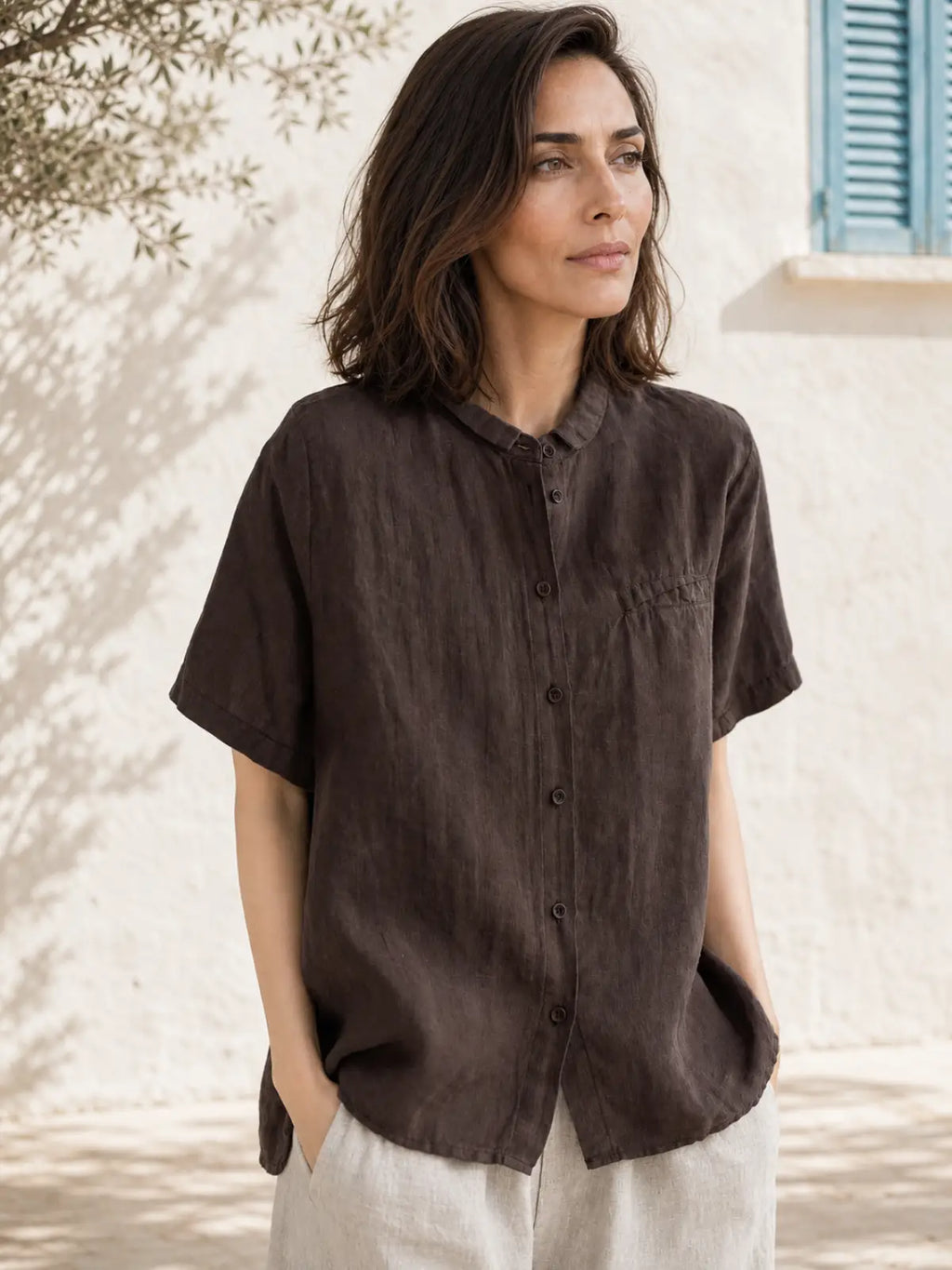 100% Linen Button-Front Top with Small Stand Collar - flat lay view