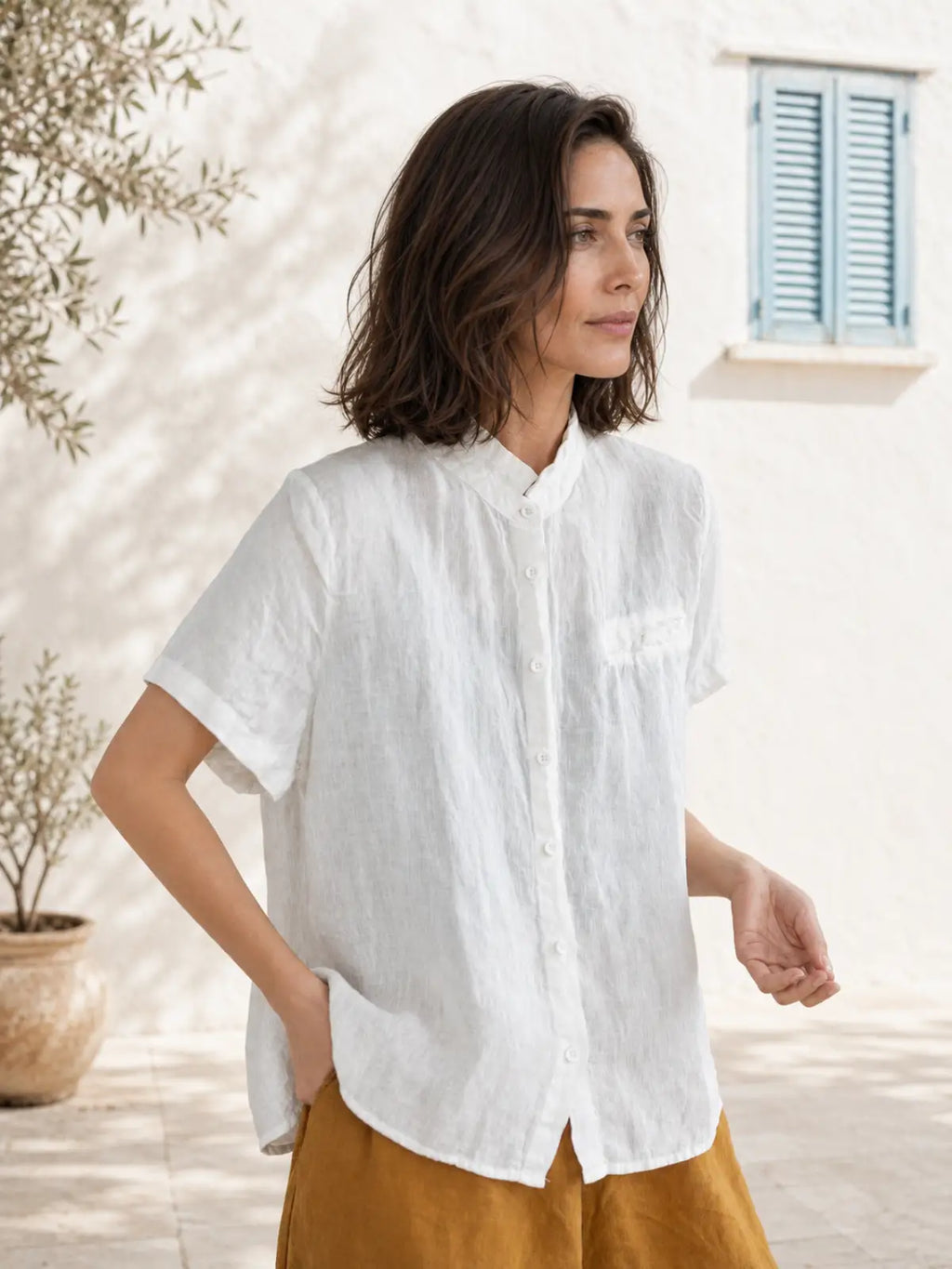 100% Linen Button-Front Top with Small Stand Collar - full body view