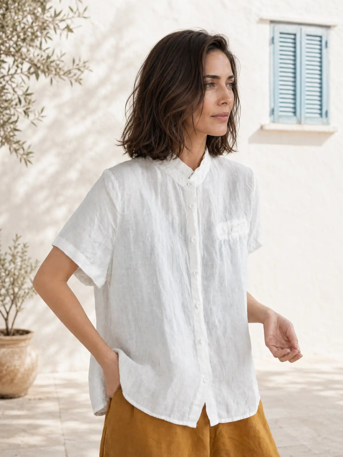 100% Linen Button-Front Top with Small Stand Collar - full body view
