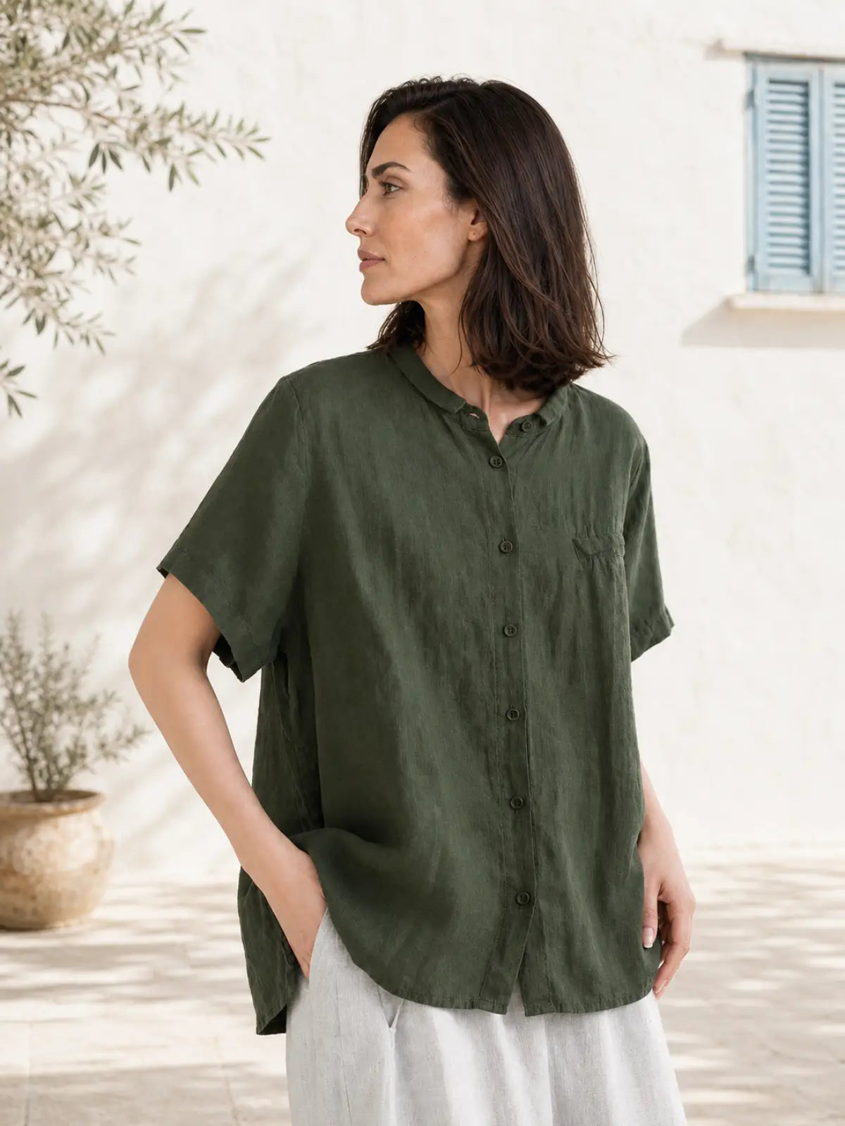 100% Linen Button-Front Top with Small Stand Collar - lifestyle view