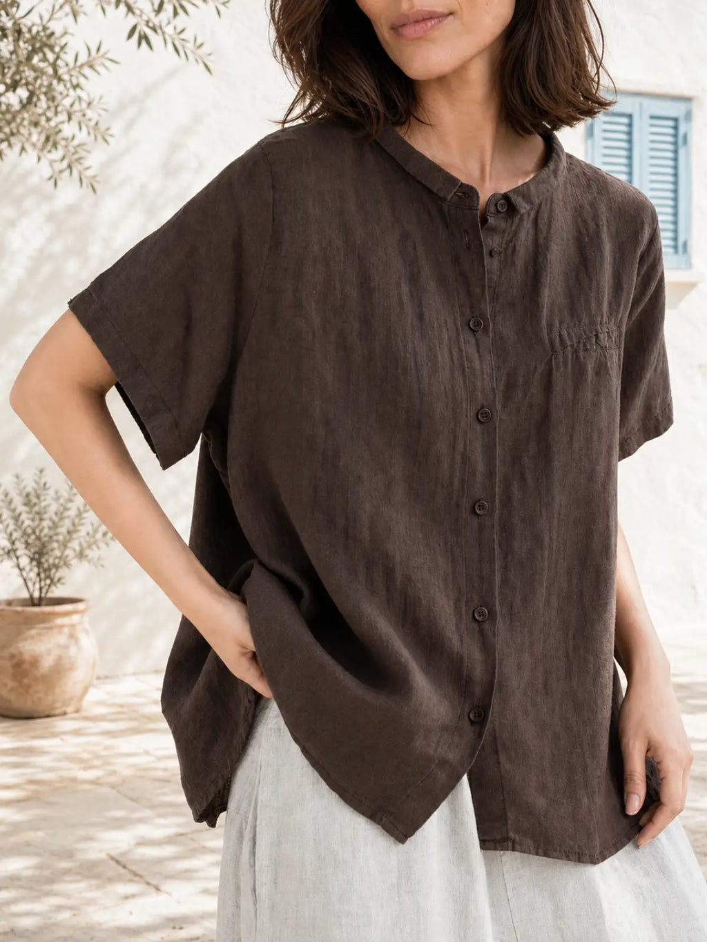 100% Linen Button-Front Top with Small Stand Collar - main model view
