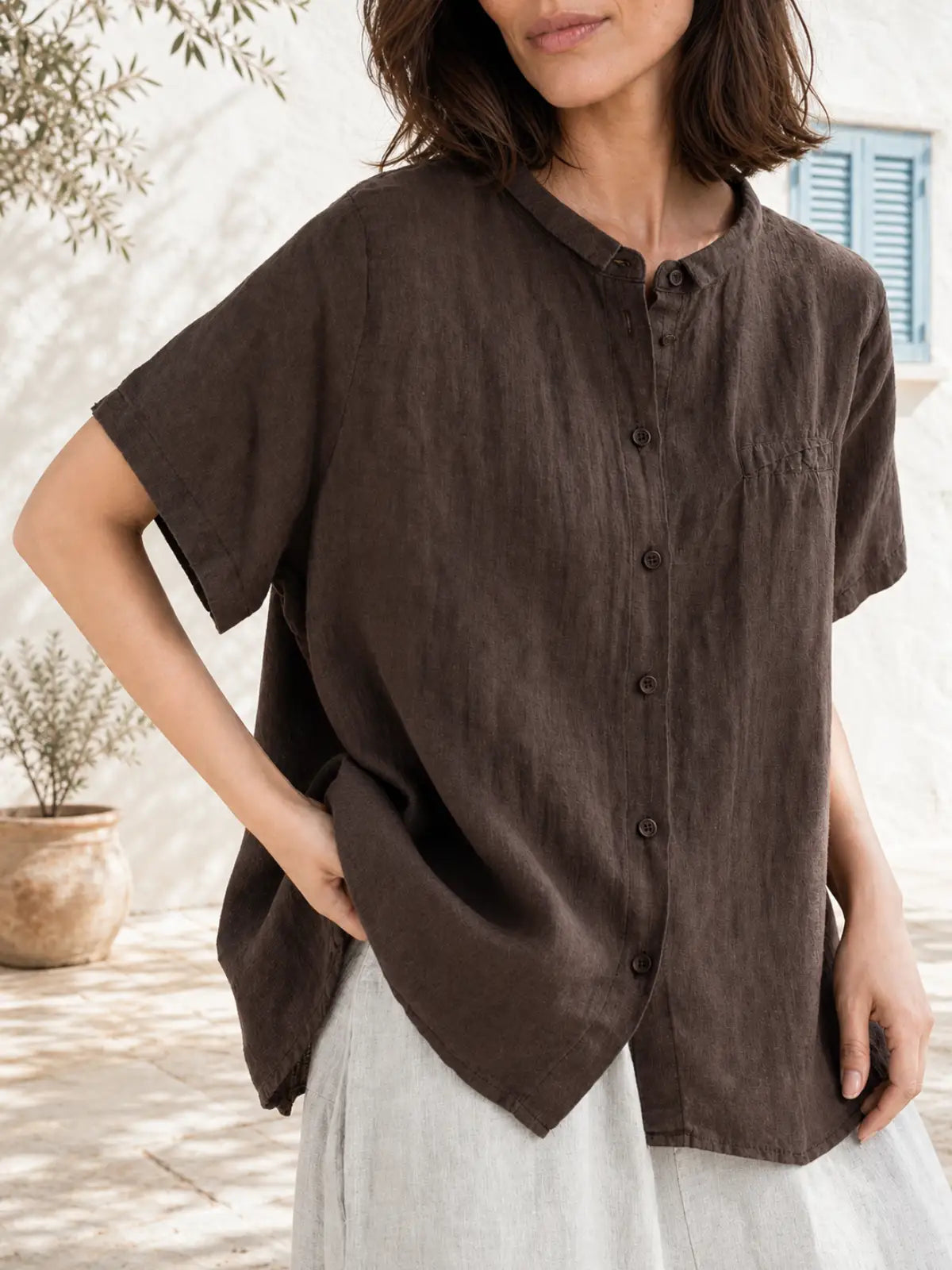 100% Linen Button-Front Top with Small Stand Collar - main model view