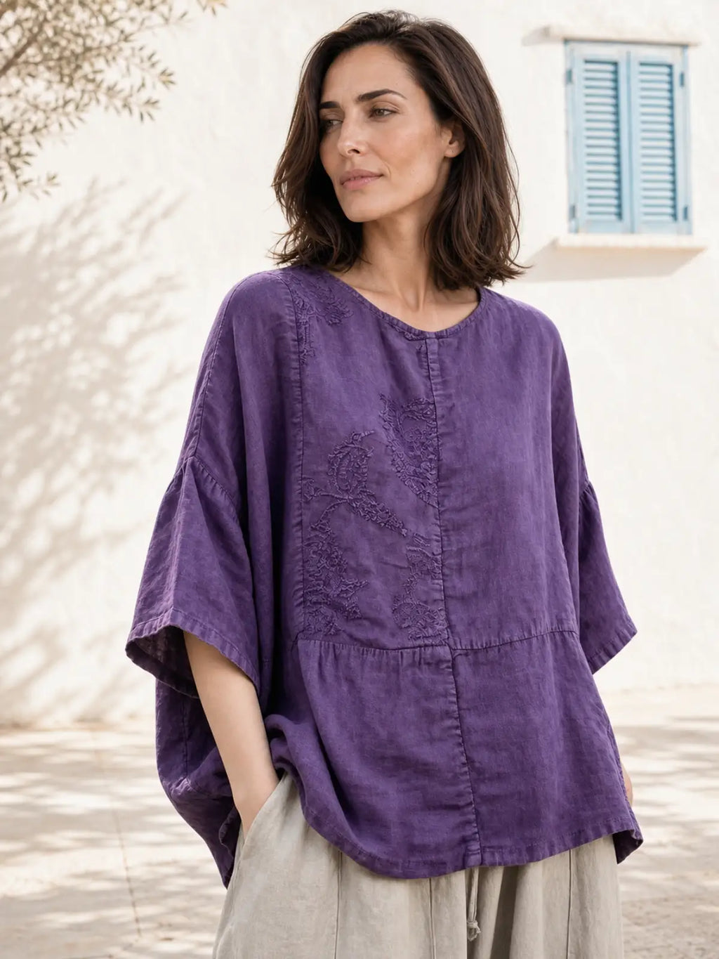100% Linen Top with Embroidered Floral Motif - detail view