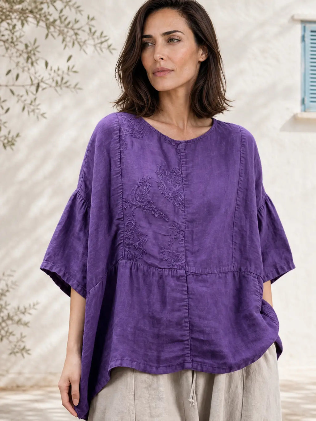 100% Linen Top with Embroidered Floral Motif - flat lay view