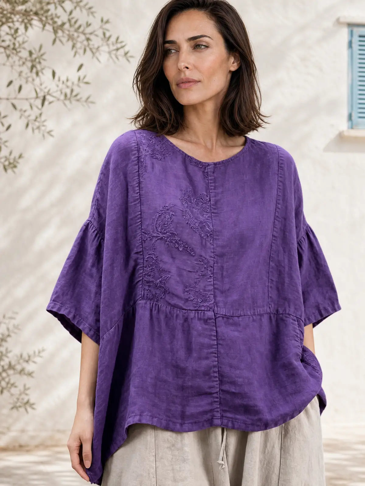 100% Linen Top with Embroidered Floral Motif - flat lay view