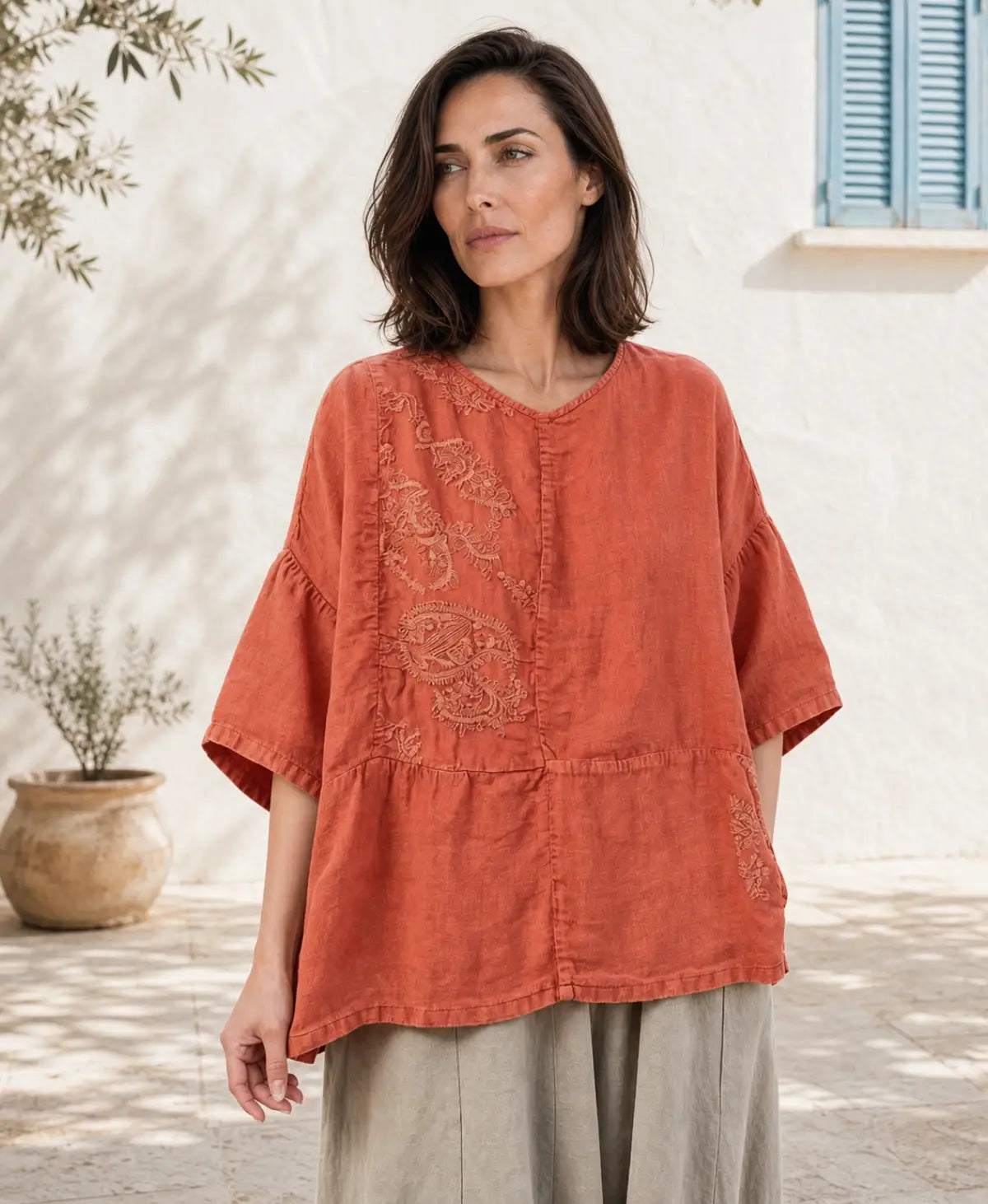 100% Linen Top with Embroidered Floral Motif - full body view