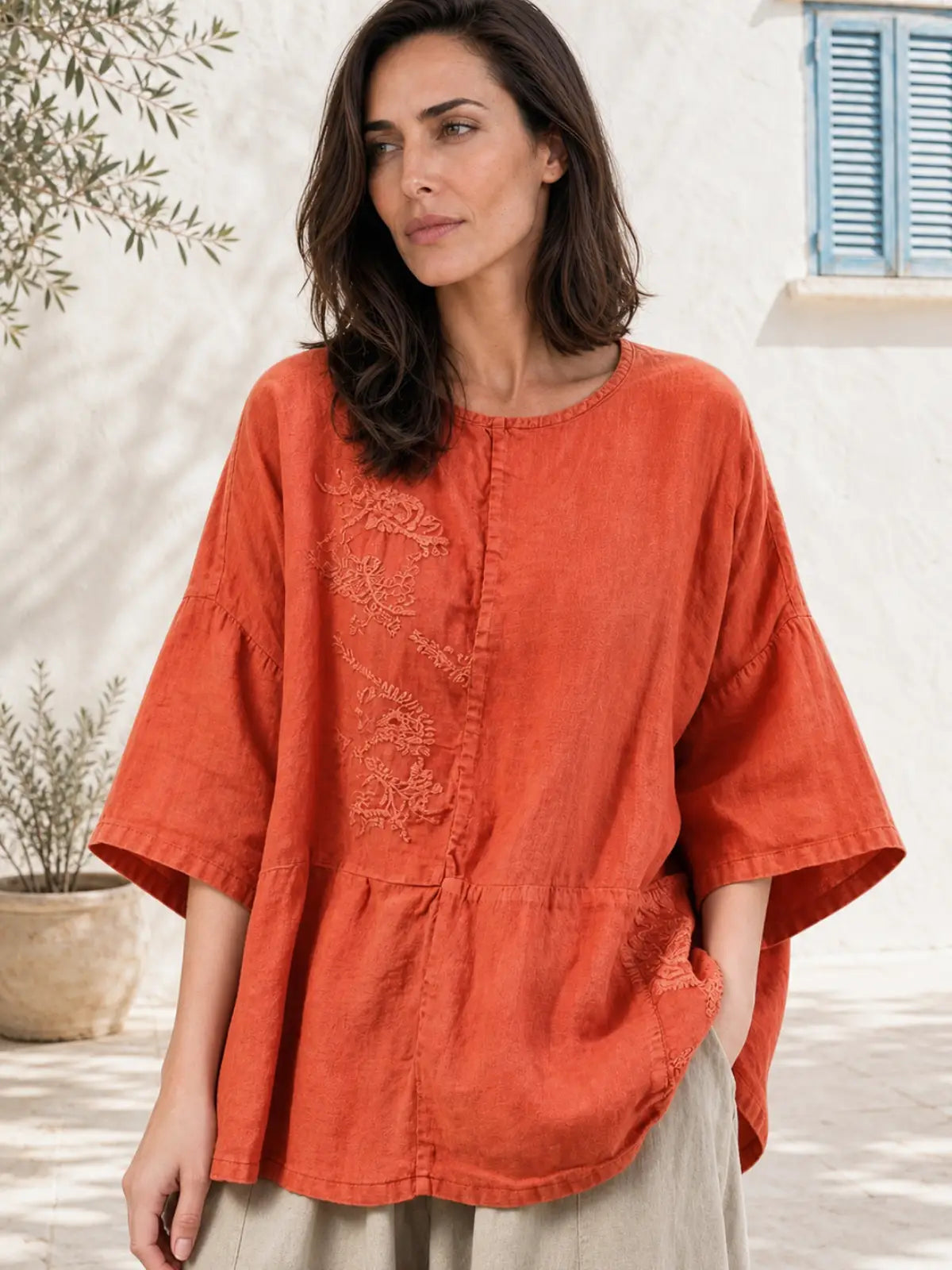 100% Linen Top with Embroidered Floral Motif - main model view