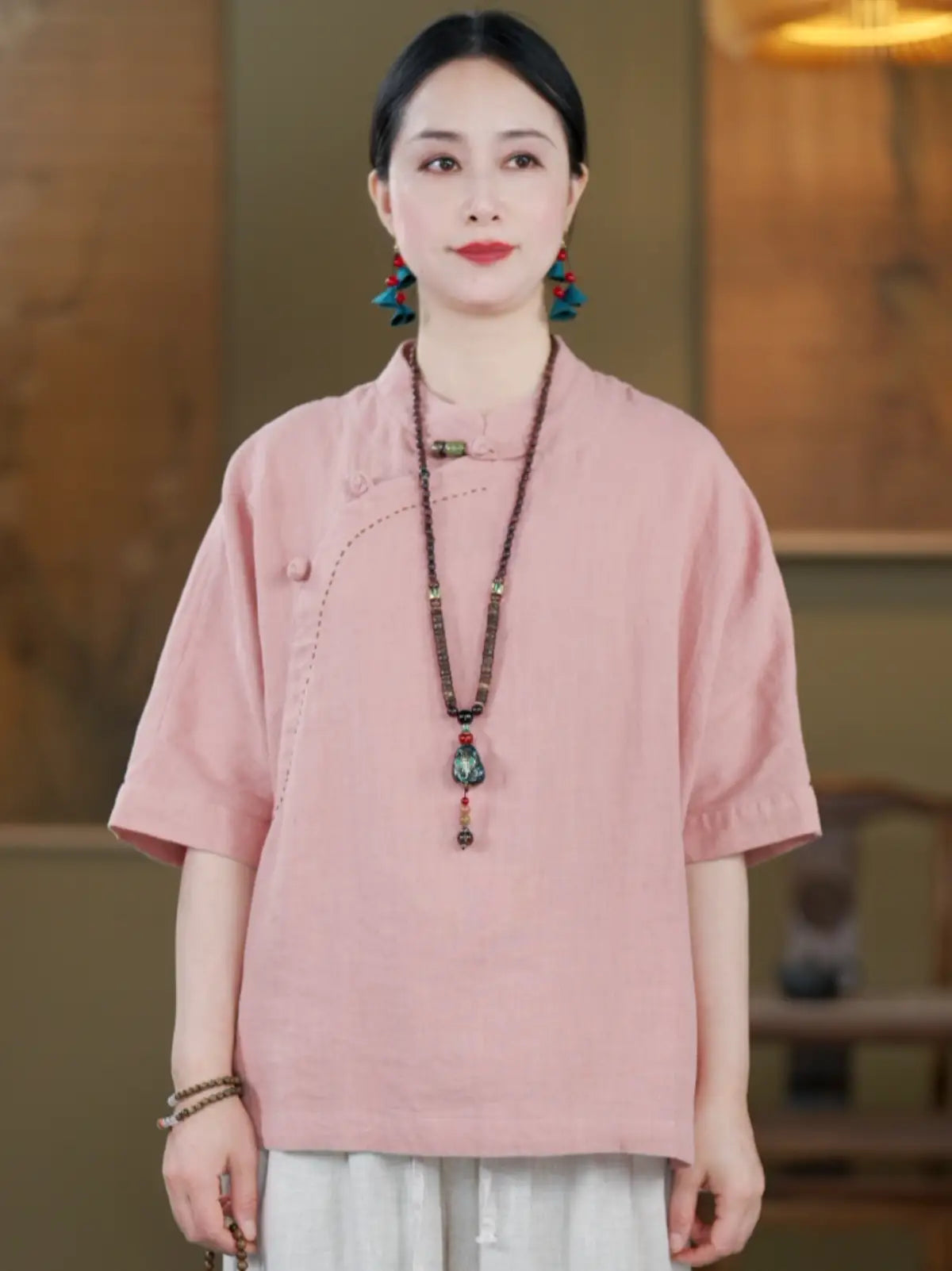 100% Linen Top with Mandarin Collar & Asymmetrical Front - detail view