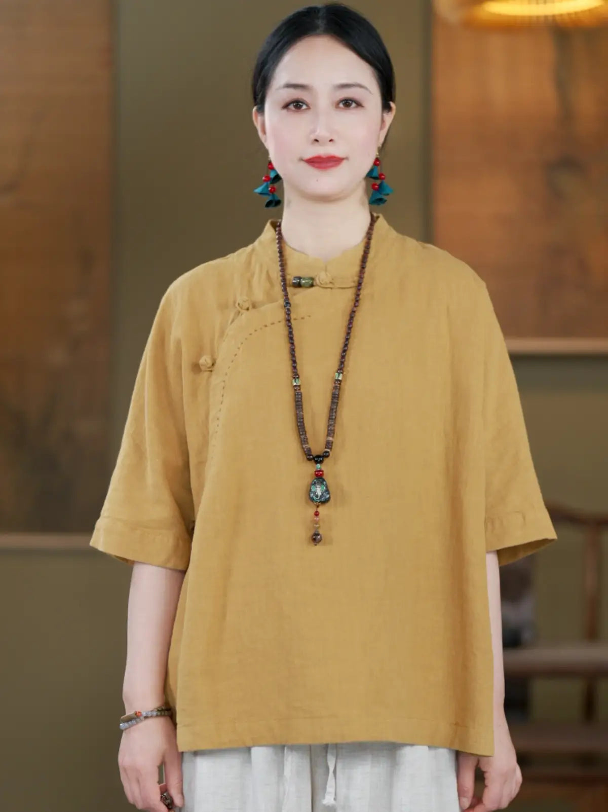 100% Linen Top with Mandarin Collar & Asymmetrical Front - flat lay view