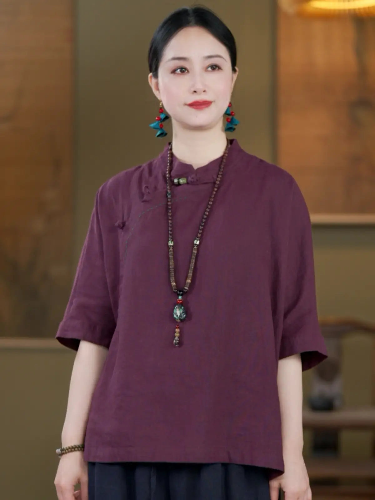 100% Linen Top with Mandarin Collar & Asymmetrical Front - full body view