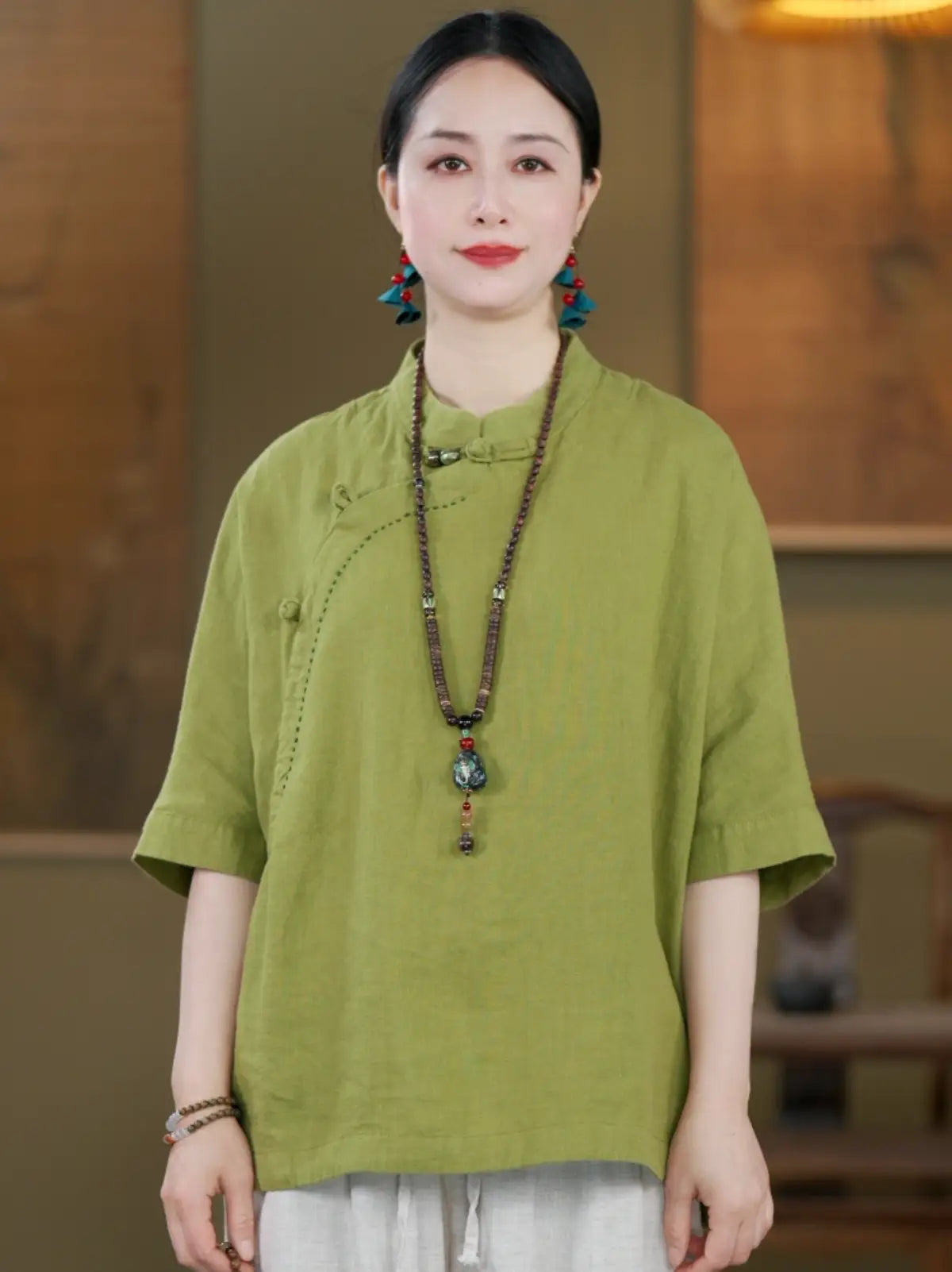 100% Linen Top with Mandarin Collar & Asymmetrical Front - lifestyle view