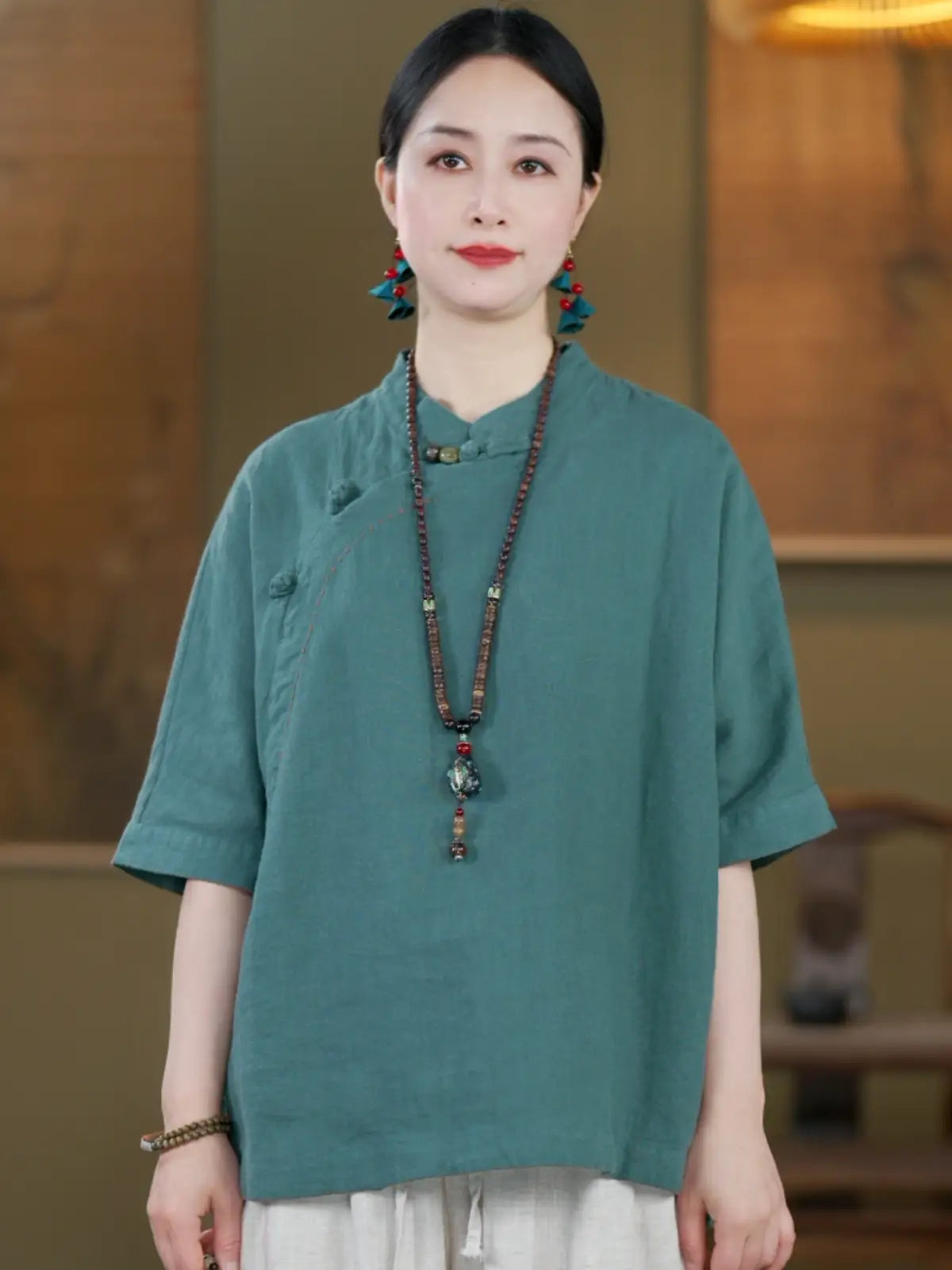 100% Linen Top with Mandarin Collar & Asymmetrical Front - main model view