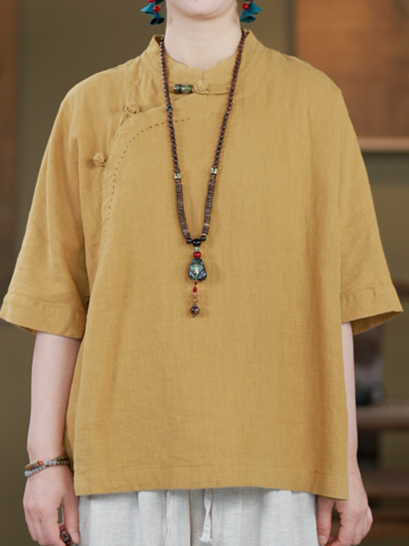 100% Linen Top with Mandarin Collar & Asymmetrical Front