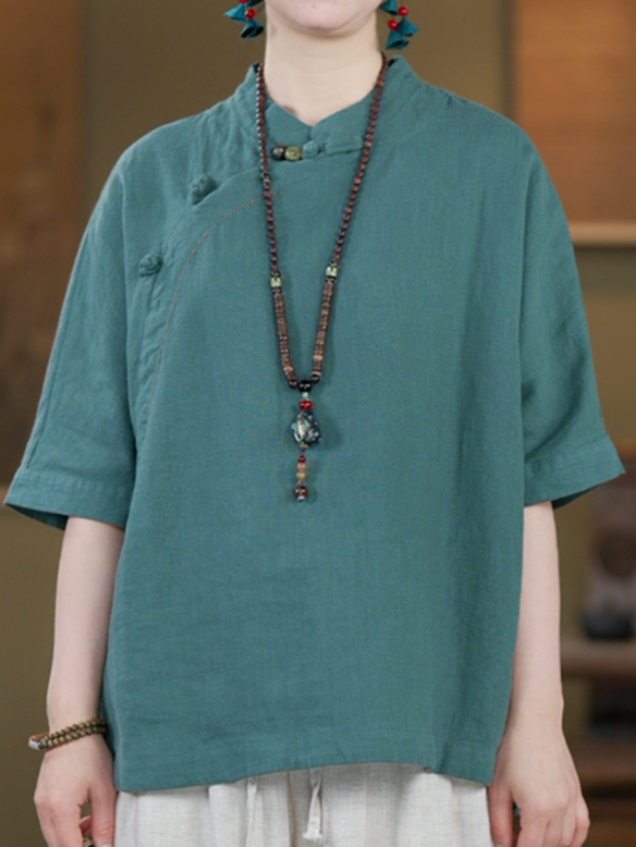 100% Linen Top with Mandarin Collar & Asymmetrical Front